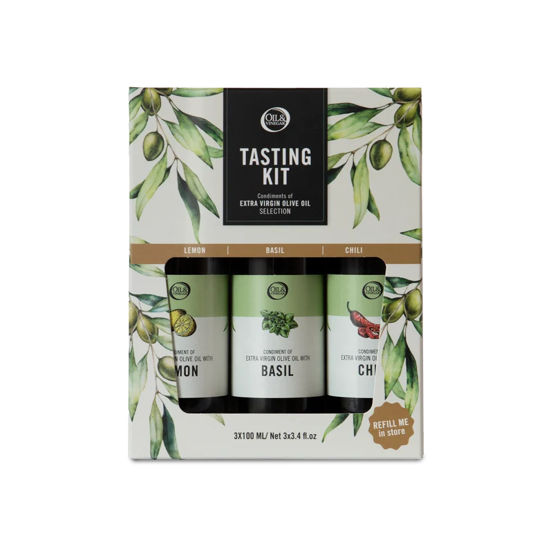 Extra Vierge Olijfolie Trio met Citroen, Basilicum en Chili - Cadeauset - 3x100ml