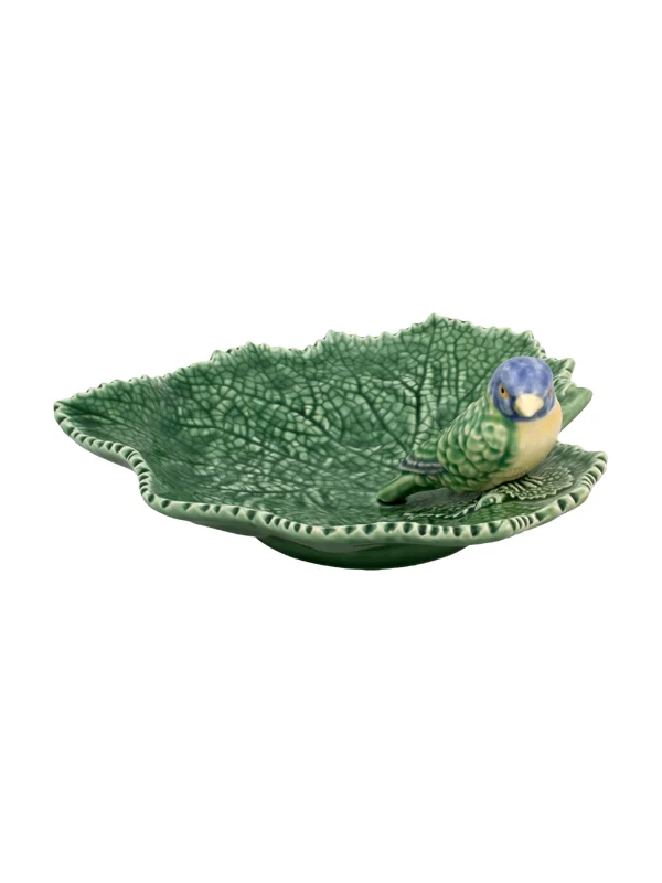 Bordallo Pinheiro Folhas Serveerschaaltje - Jakobskruiskruidblad - Blauwe Vogel - Groen/Blauw - Aardewerk - 19 cm