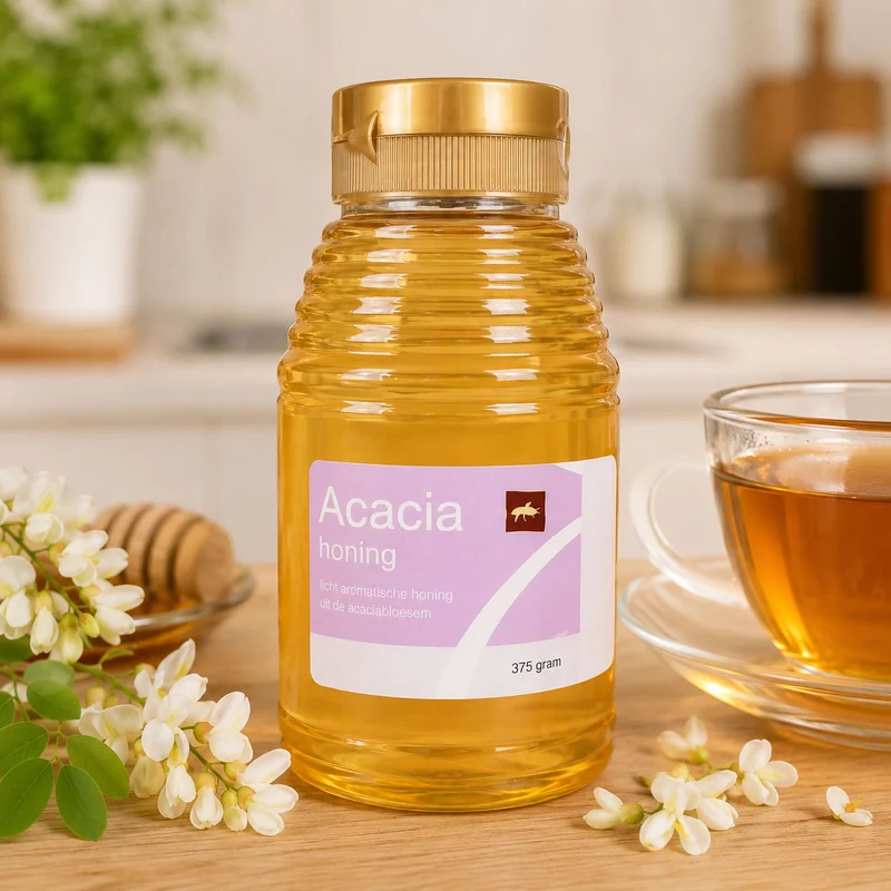 Acaciahoning Knijpfles 375g – Zachte Vloeibare Honing