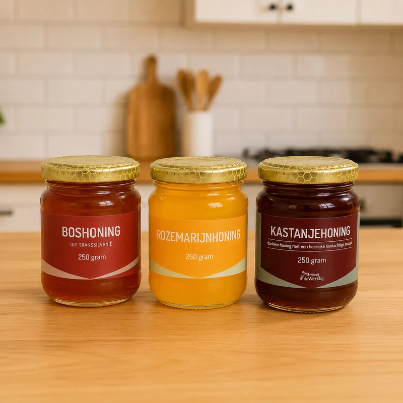 Honing Proefpakket met Boshoning, Rozemarijnhoning & Kastanjehoning 250 gr