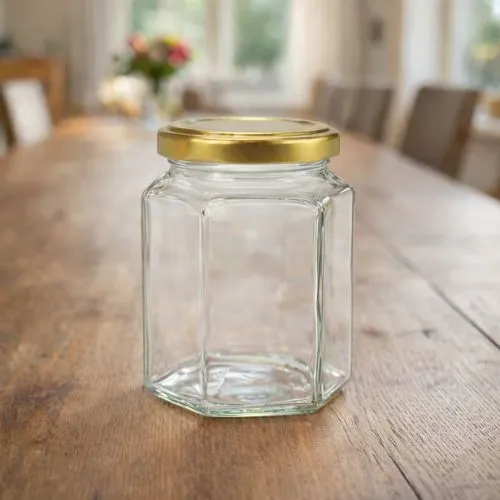 Hexagonale glazen pot 196 ml – zeskant pot per tray van 25 stuks