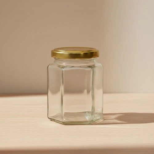 Hexagonale glazen pot 278 ml – tray van 20 stuks voor honing en delicatessen