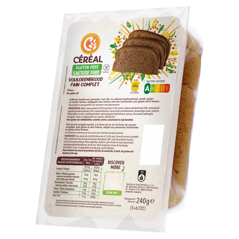 Cereal Glutenvrij & Lactosevrij Volkoren Brood 240 gram