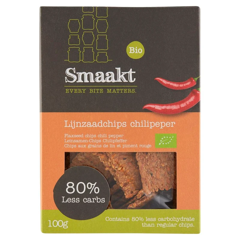 Smaakt Less Carb Lijnzaadchips Chilipeper 100 gram