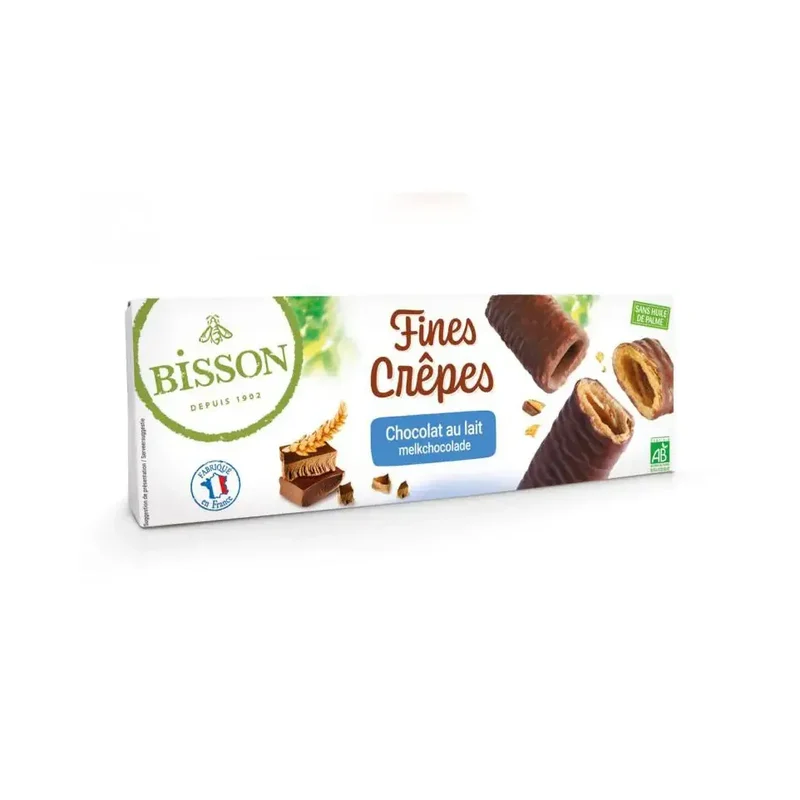 Bisson Krokante wafelrolletjes met melkchocolade bio 90 gram