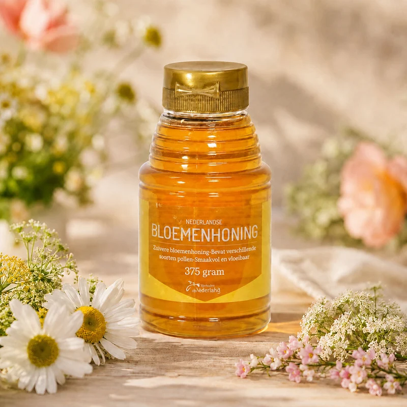 Bloemenhoning knijpfles 375 gram – vloeibare Nederlandse honing