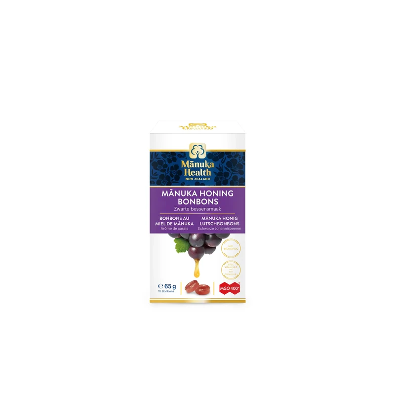 Manukahoning MGO 400+ druppels (zuigtabletten) met zwarte bessen smaak en vitamine C Nieuw-Zeeland 65g Manuka Health