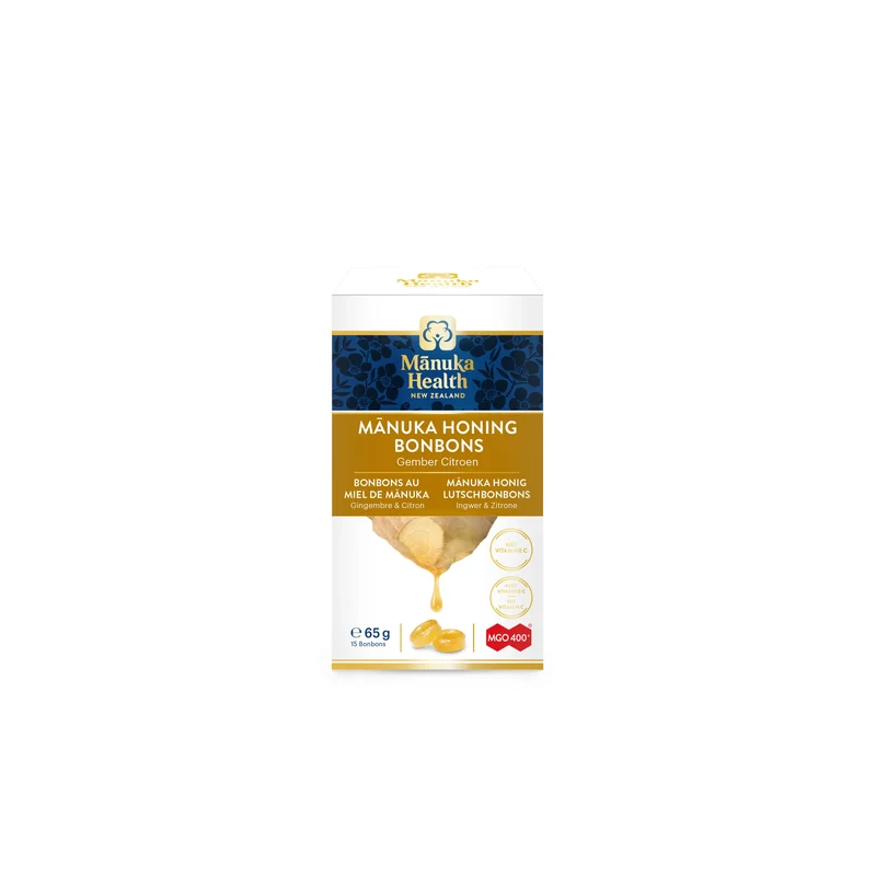Manukahoning MGO 400+ druppels (zuigtabletten) met gember, citroensmaak en vitamine C Nieuw-Zeeland 65g Manuka Health