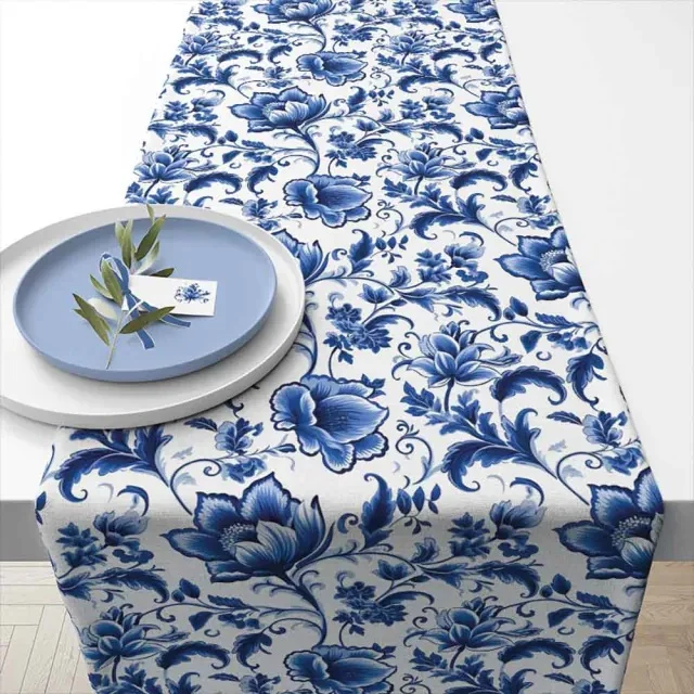 Ambiente Delft Blue Florals Tafelloper - 100% Katoen - 40 cm x 150 cm
