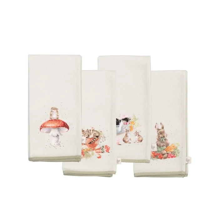 Wrendale Designs Garden Friends Servetten - Set van 4 - 100% Katoen - 23 cm x 12 cm