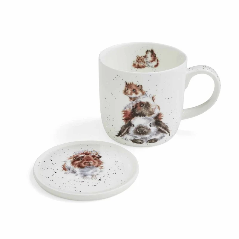 Wrendale Designs Piggy in the Middle Beker en Onderzetter - Fine Bone China - 300 ml