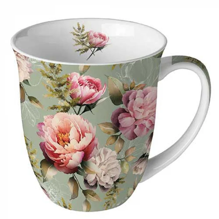 Ambiente Peonies Composition Green Beker - Fine Bone China - 400 ml
