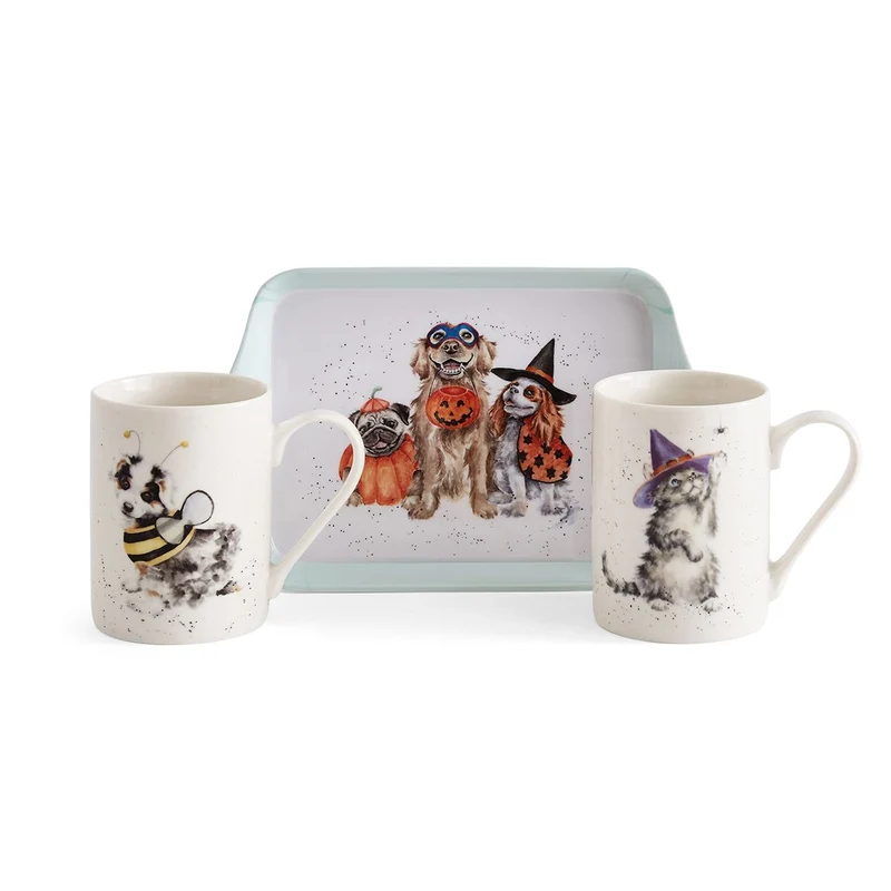 Wrendale Designs - Trick or Treat - 2 Bekers met Dienblad - Fine Bone China - Halloween - 180 ml