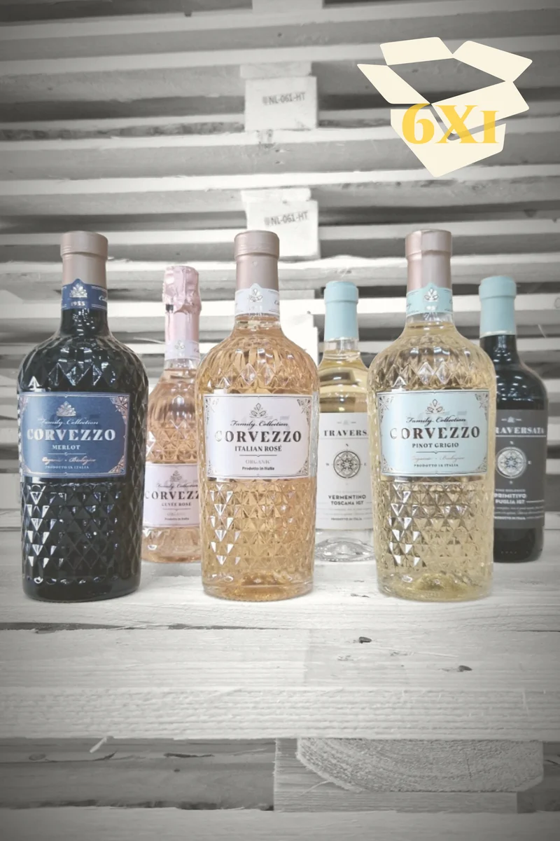 Corvezzo Mixdoos M - 1× Pinot Grigio, 1× Rosé, 1× Merlot, 1× Rosé Bubbel, 1× Vermentino, 1× Primitivo